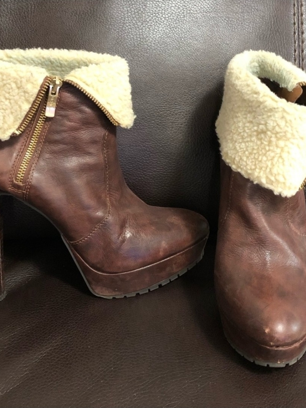 BCBGeneration Brown Leather Platform Ankle Boots with Cream Shearling Cuff